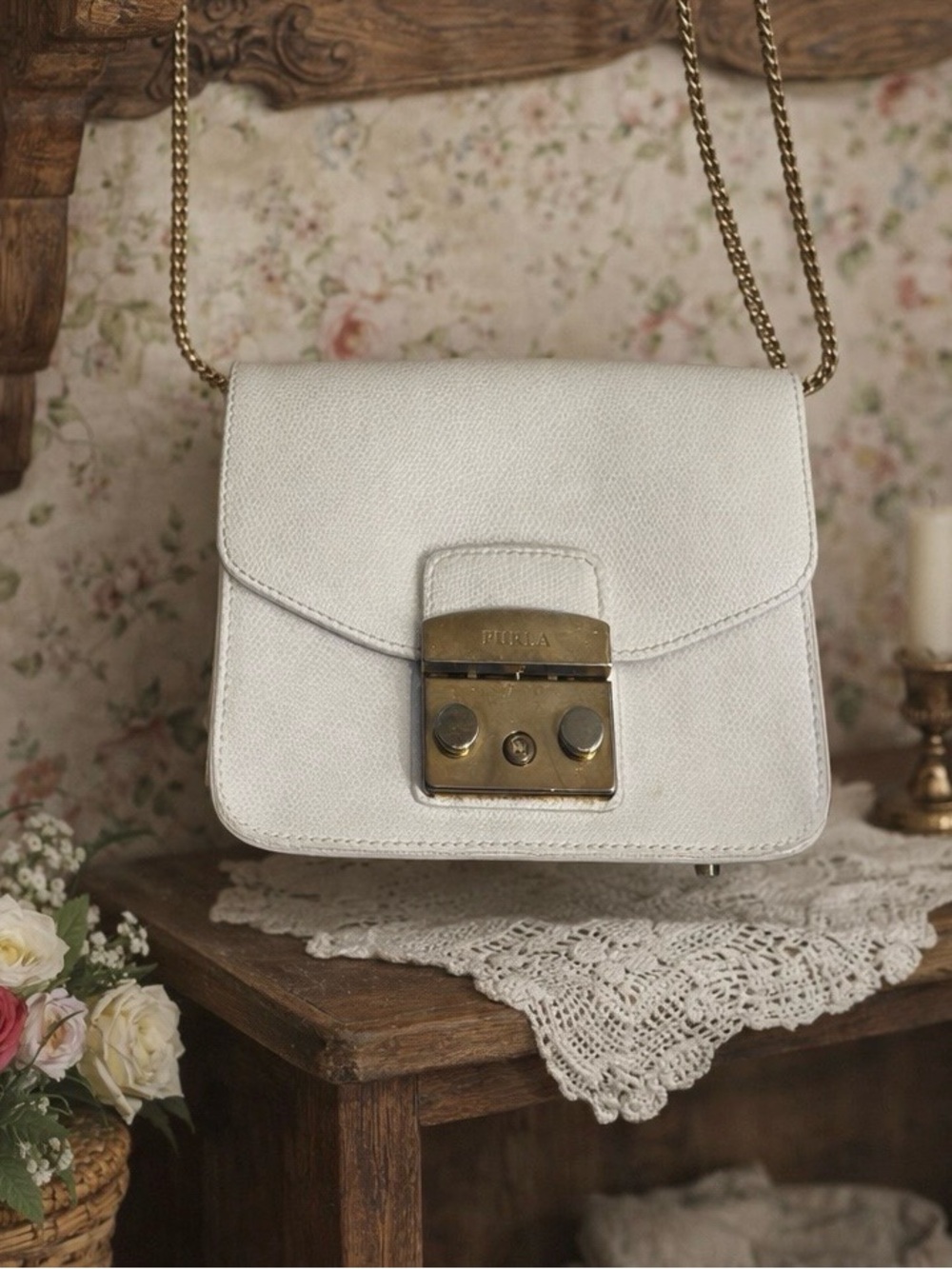 Furla Mini Metropolis White Leather, Chain Crossbody Bag
